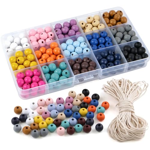 300 Bunte Holzperlen Set - 10mm Bastelperlen Mit Wachsband Für Schmuck