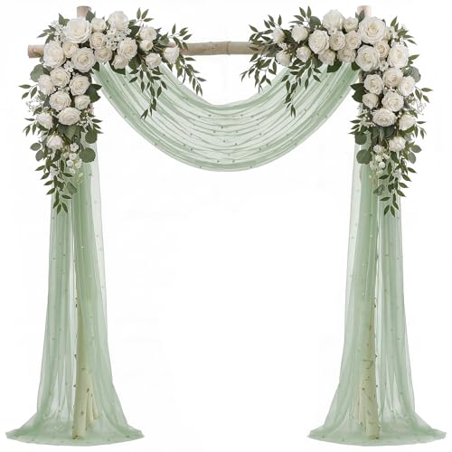 Image of Wedding Arch Draping Fabric with Pearl 28.7 inchx 20ft Ivory White Green Sheer Gauze Fabric Backdrop Drapery for Wedding Arbor Ceremony Bridal Shower Birthday Party Reception Decor (Sage Green)