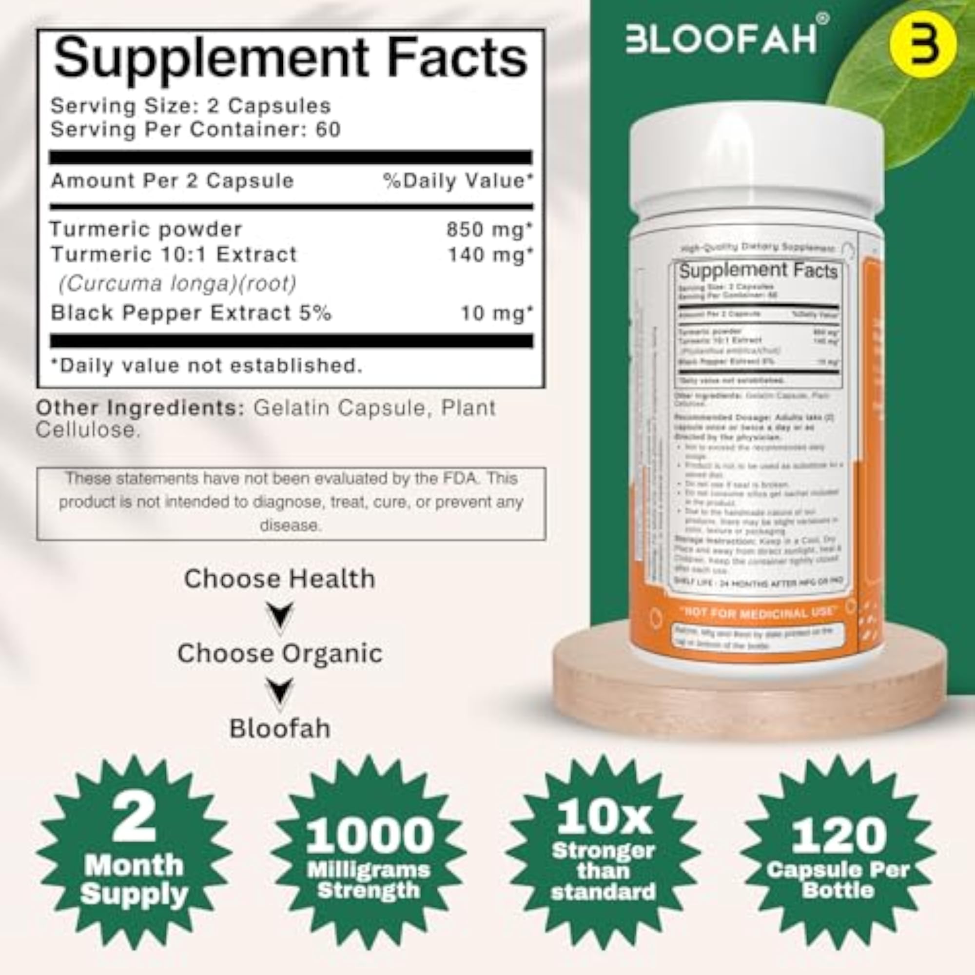 Bloofah Turmeric Cucumin Capsules 1000mg - 120 Count Herbal Supplement
