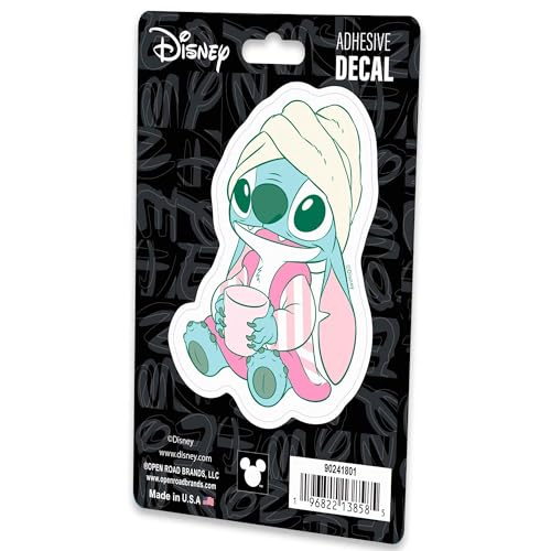 Image of Disney Lilo and Stitch in Pastel Colors Adhesive Vinyl Decal - Fun Stitch with Coffee Sticker