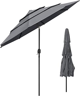 OKSTENCK 10.8Ft Patio Umbrella 3 Tiers Market Umbrella Outdoor Table Umbrella with Push Button Tilt and Crank ，Ventilation Auto- tilt Umbrella for Backyard, Pool, Garden - Dark Grey