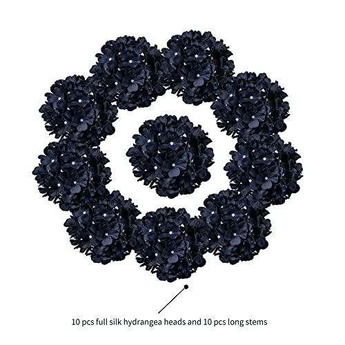 H.flolavida Navy Blue Hydrangea Silk Fake Flowers Heads With Stems, Artificial Flowers For Decoration Wedding Room Party Shop Baby Shower,Room Decor For Bedroom Aesthetic, Pack Of 10 #TOP1