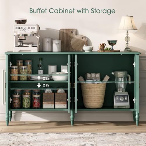 Image of JOINICE 59 inch Sideboard Buffet Cabinet with Storage for Dining Room,Green | Vintage Credenza with Adjustable Shelves & Solid Wood Legs,supports up to 100 lbs,for Kitchen,Bar,Hallway,TV Console