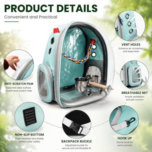 Rypet Bird Carrier Backpack Parrot Portable Breathable Bag Pet Bird Lightweight Travel Cage with Standing Perch and Stainless Steel Tray(Mint Green) - Image 4
