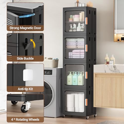 Image of BROVIEW 4-Tier Tall Narrow Storage Cabinet 14.6 inch Wide, Slim Bathroom Cabinets with Adjustable Shelves and Doors, Plastic Kitchen Pantry Organizers and Storages for Small Space, Laundry, Black