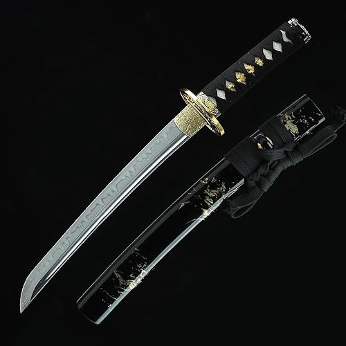 Miniatura 4 de Tanto Sword Handmade Full Tang Clay Templado T10 Steel Short Japanese Katana Real Hamon Samurai kendo Tesoro aburrido Wakizashi Rojo Negro Azul