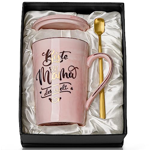 Doublewhale Geschenke für Mama, Geburtstagsgeschenk für Beste Mama der Welt Tasse, Mutter Geschenk, 14Oz Keramik Kaffeetasse mit Deckel, Löffel, Grußkarte, Geschenkbox
