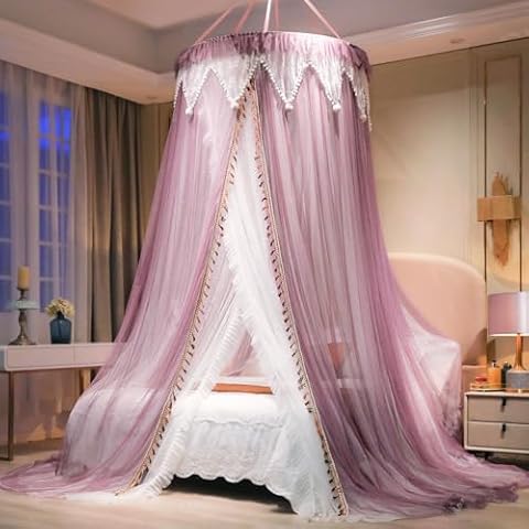 AIKASY Girls and Adults Canopy Bed, Elegant Double-Layer Bed Curtain, Children's Dream Round Lace Mosquito Net, Princess Canopy Net - Fits Twin, Full, Queen, and King Beds (White/Red Bean) Cover