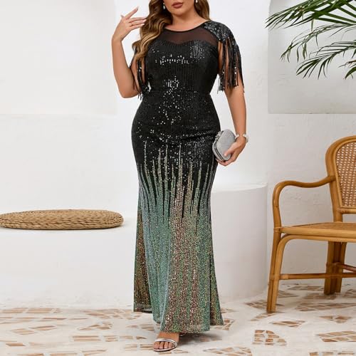 Image of Cololura Sexy Sequin Tassel Mesh Perspective Party Cocktail Bodycon Evening Club Maxi Dress