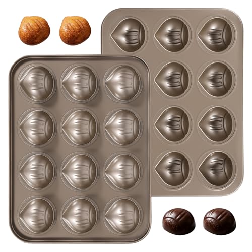 Image of Anihet 2 Pack Madeleine Cake Pan, 12 Cavities Non Stick Chestnut Shape Madeline Tray, Heavy Duty Carbon Steel Cookie Cake Scone Baking Mold for Oven Baking, Gold