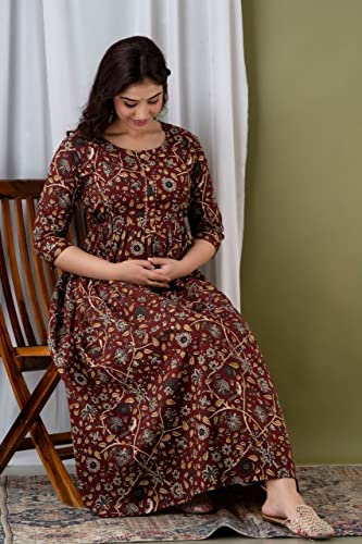 Image of Women's Feeding Kurta Cotton | Floral Anarkali Pregnancy Kurta with Nursing Zipper | Pre & Post Partum | Maternity Dresses | Mom to Be Gift