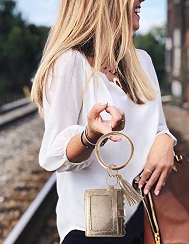 Bangle Keychain Keyring Bracelet Women Round Tassel Faux Leather Key Ring With Wallet Purse Wristlet Card Holder3