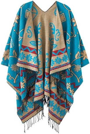 Women's Fashionable Retro Style Vintage Pattern Tassel Poncho Shawl Cape (Series1-blue)