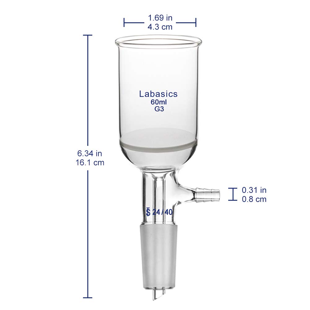 Labasics Entonnoir filtrant Büchner en verre borosilicate avec fritté fin (G3), diamètre intérieur 43 mm, profondeur 57 mm, rodage intérieur 24/40 et tubulure vissée pour vide (60 ml)