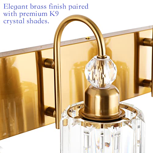 Image of Ralbay Brass Gold Bathroom Vanity Lights 3-Lights Brass Gold Crystal Vanity Lights Over Mirror Modern Crystal Brass Gold Bathroom Vanity Lighting Fixtures