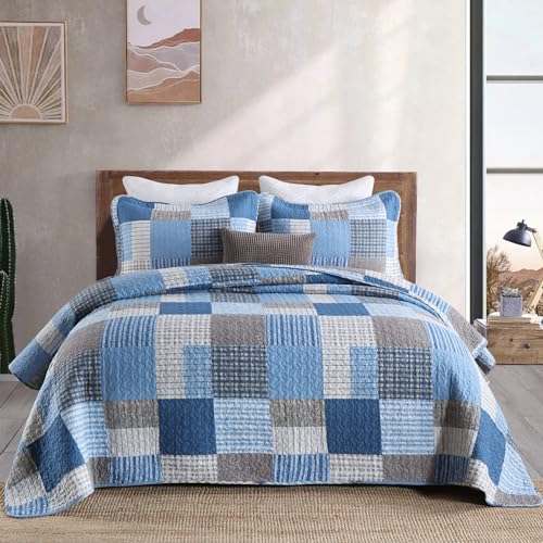 Image of Finlonte Quilt King Size - 100% Cotton King Size Comforter Set Blue Navy Grey Plaid Farmhouse Quilt Bedding Set, Reversible Lightweight Soft Bedspread, Quilted Coverlet All-Season, 3-Piece
