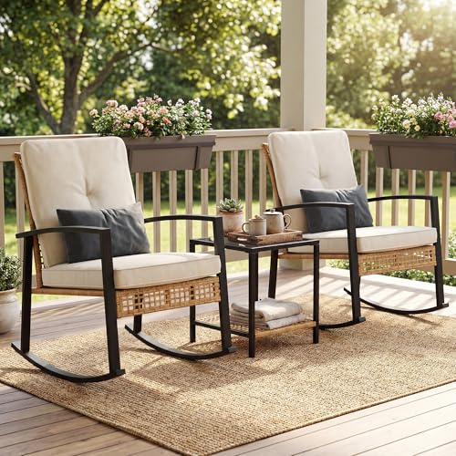 ROCSUMOO Outdoor Rocking Chair Bistro Set 3 Pieces PE Rattan Garden Furniture Set with Cushions&Pillows&Glass Coffee Table Anti-Slip &Ergonomic Rocking Chairs for Patio Porch Balcony Conservatory