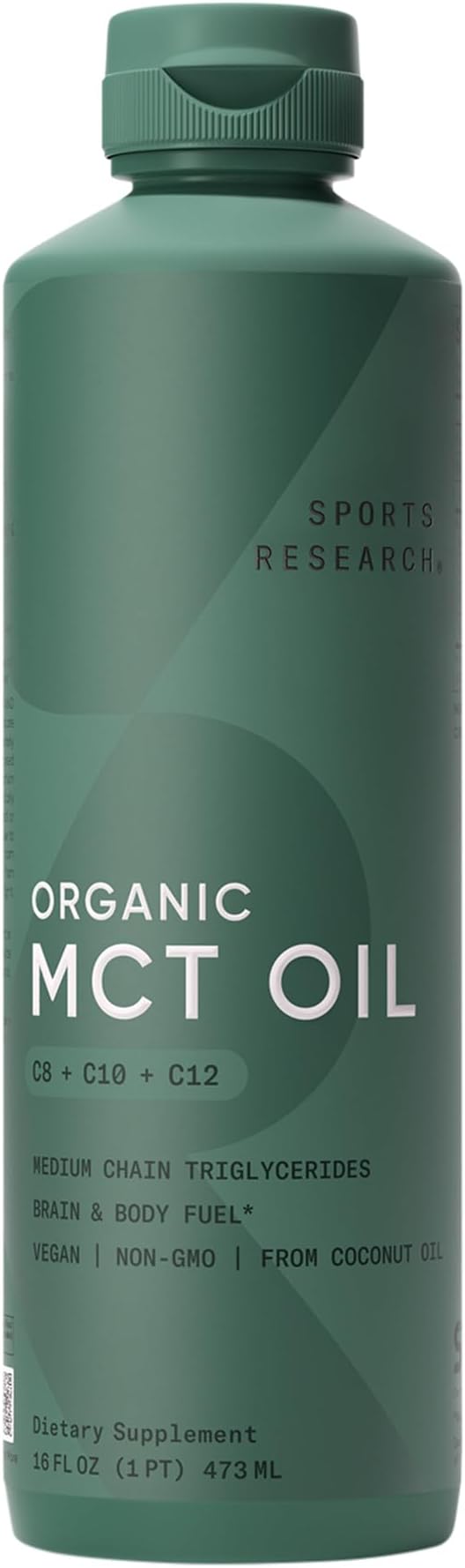 Sports Research® Organic MCT Oil 16oz - Full Spectrum (C8, C10, C12) Sourced from Coconut Oil - Keto Brain & Body Fuel* - Vegan Certified · Non-GMO · Informed Choice Certified - Unflavored