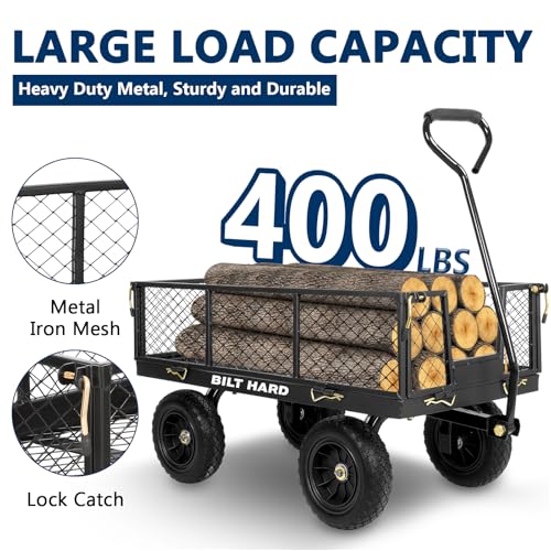 Image of BILT HARD 10 inch Flat Free Tires Heavy Duty Garden Cart with 180 Rotating Handle and Removable Sides, 4 Cu.Ft 400 lbs Capacity Utility Steel Wagons for Outdoor