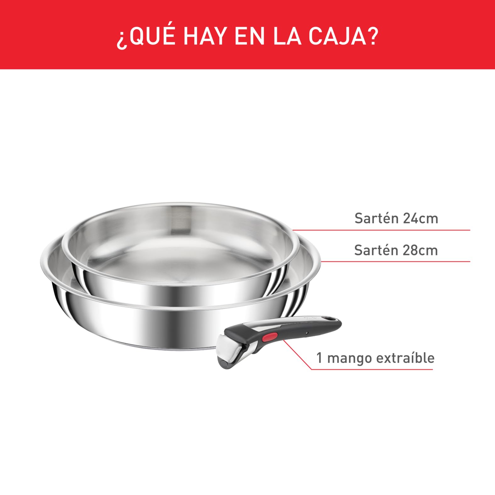 Tefal Ingenio Preference On - Juego de 2 Sartenes 24/28 cm + Mango extraíble, Apto inducción, sin antiadherente, acero inoxidable, apto lavavajillas y horno, apilables