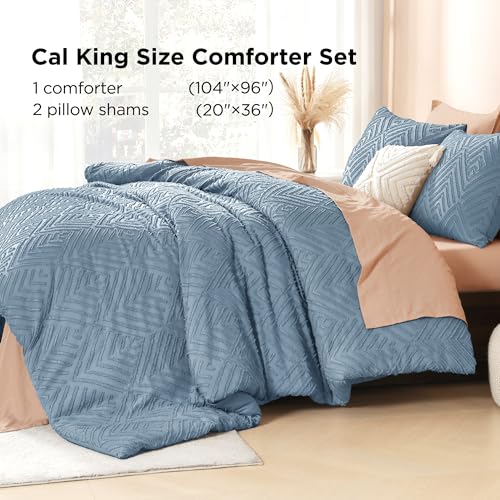Image of Litanika California King Comforter Set Grayish Blue, 3 Pieces Tufted Boho Farmhouse Bedding Comforter Sets, Lightweight Fluffy Comforter Bed Set All Season (104x96In Comforter & 2 Pillowcases)