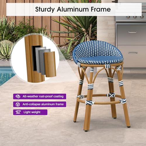 Image of PURPLE LEAF Patio Oversized Backrest Counter Height Stool Set of 1 Outdoor Round Barstools Aluminum Frame in Bamboo Finish Woven Rattan for Indoor Kitchen Dining Bistros Cafe Restaurant Navy Blue