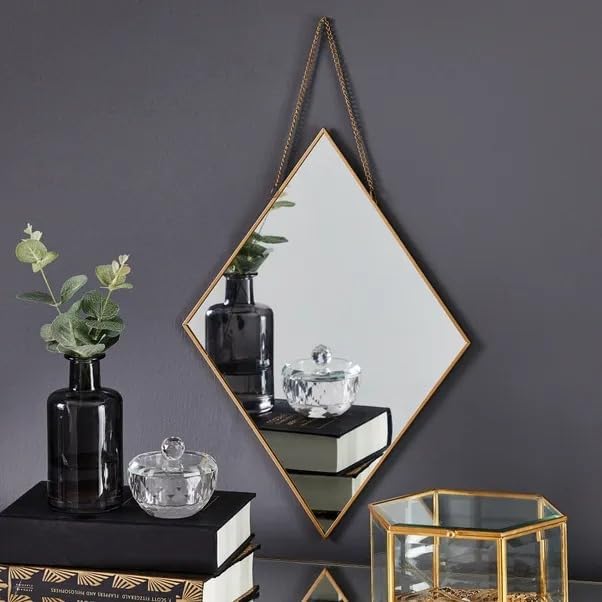 Image of Decorative Vintage Wall Mirror with (Brass) Border Wall Hanging Mirror with Chain | Decorative Mirror for Wall Living Room Bedroom & Bathroom Mirror Size - (11 Inches) (Rhombus)