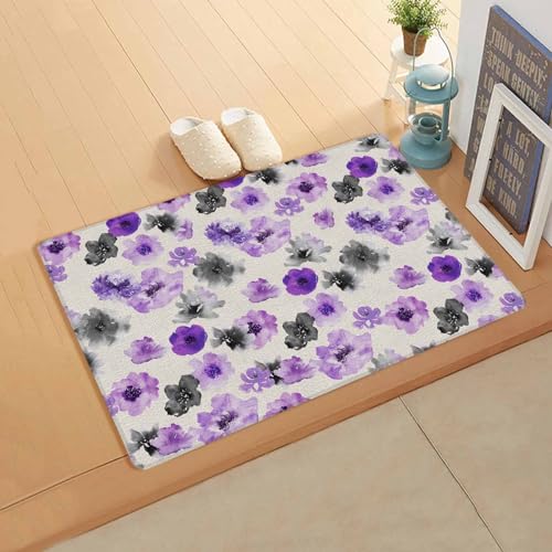Modern Painting Flower Kitchen Bath Door Mat Cushioned Runner Rug,Washable Welcome Floor Sink Antifatigue Mat,Waterproof & Non-Slip Comfort Standing Doormat,Purple Black Geometric Pastoral 18