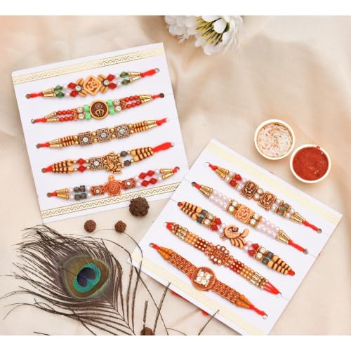 Image of Pride Store Traditional 10 Rakhiya Set, Decorative Thread Bracelets with Om and Ganesh Designs, Pearl and Crystal Beads, Red and Gold | Rakhiya For Family