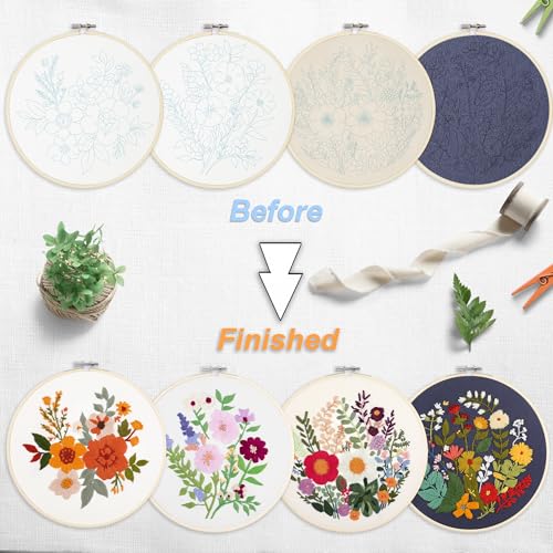 Image of Bonroy 4 Sets Embroidery Kit for Beginners with Instructions,Cross Stitch Kits for Adults with Pattern,Needlepoint Kits for Adult Include Embroidery Cloth Hoops Needles Threads