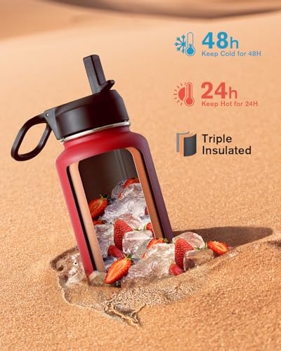 Image of Coolflask 40 oz Water Bottle Insulated with Straw & 3 Leakproof Lids
