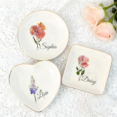 Personalized Birth Flower Jewelry Dish, Custom...