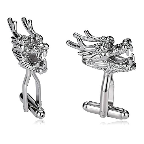 Mancuernillas de acero inoxidable con diseño dragón chino plateado miniatura 1