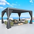 YOLENY Louvered Pergola 10x12, All Aluminum Pergola with Adjustable Rainproof Roof, Outdoor Pergola with Curtains and Nets for Patio & Garden, Dark Grey