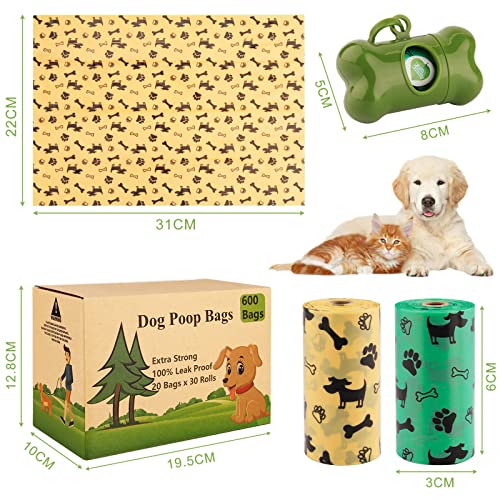 AMAYGA Hundekotbeutel 24 Rollen (600 Tüten) 1 Spender,auslaufsichere Kotbeutel für Hunde extra dick & reißfest,tropfsichere Hundetüten,Dog Poo Bags