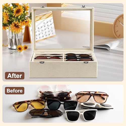 Frebeauty 16 Slots Sunglasses Organizer,2 Layer Velvet Sunglasses Tray with Glass Lid,Multiple Pairs Sunglass Display Case for Man or Woman,13.7 * 10.25 * 4.1 Inches Eyeglass/Eyewear Box (Beige) by Frebeauty - Image 6
