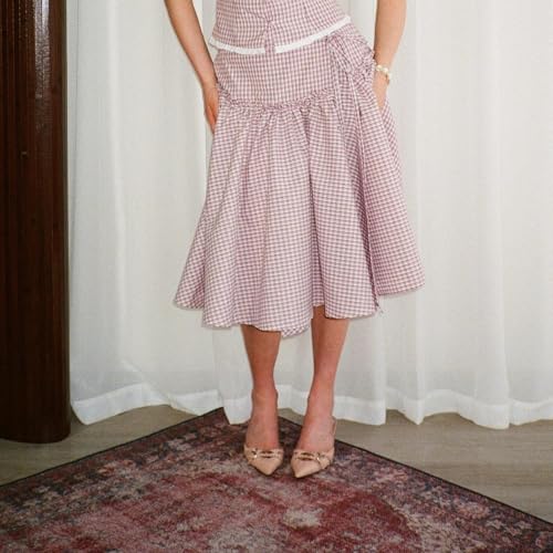 Women Y2K Plaid Long Skirt Gingham Pleated Tie Up Ruffle Hem Low Rise Skirts Flowy Casual Vintage Streetwear3