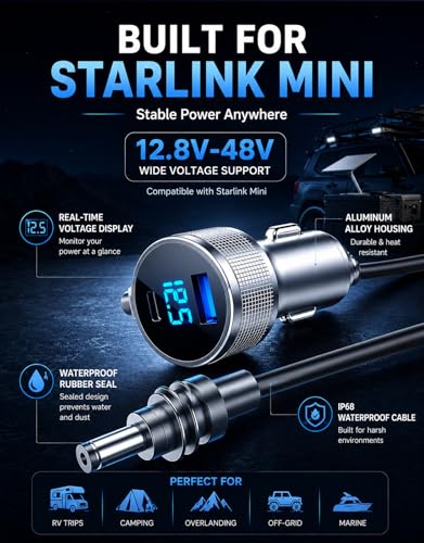 Image of starlink mini car Adapter, 3 in 1 Starlink Mini Car Adapter DC Power Cable and Cigarette Lighter Adapter 12V-48V with Voltage Display, Durable USB-C PD 45W and USB-A 35W Ports,Suitable for Cars(10FT)