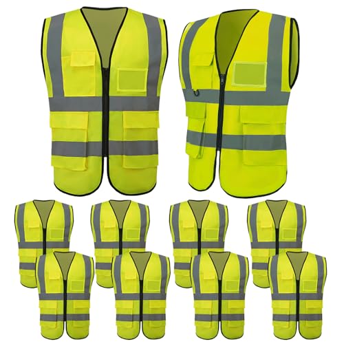 Image of 10 Pack Reflective Safety Vests with Pockets & Zipper, High Visibility Yellow Construction Vest for Men Women, Durable ANSI Class 2 Work Vest Strips Vests for Outdoor Work