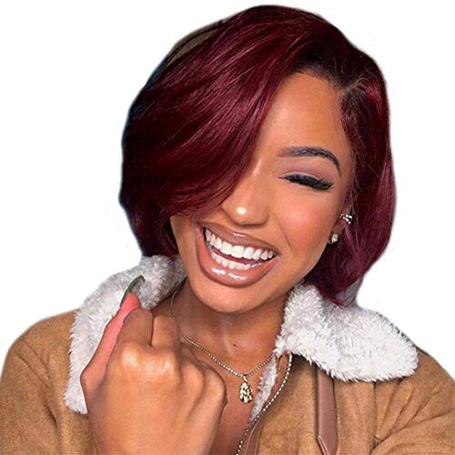 Burgundy Short Bob Lace Front Human Hair Wigs with Baby Hair Pre Plucked Glueless 150% Density Short Cut Straight Brazilian Virgin Human Hair Wine Red Lace Frontal Wig Ombre 1BT99J Bob Wig 10 Inch