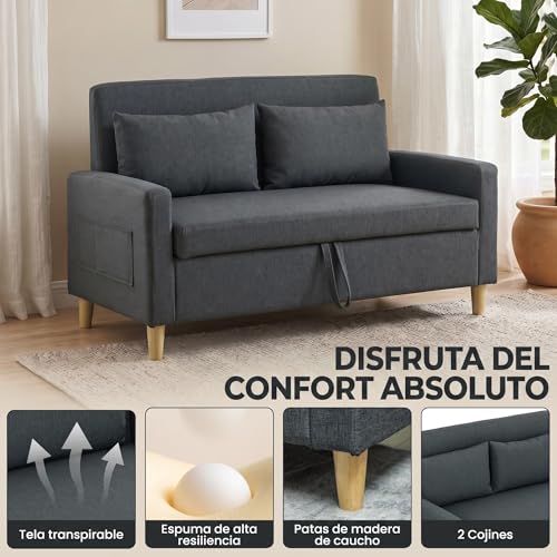Sofá de 2 plazas con almacenamiento oculto en lino sintético gris oscuro para optimizar espacio 6