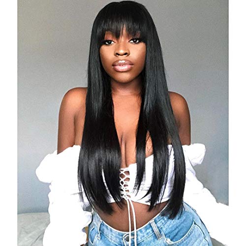 GIANNAY Hair Straight Wigs for Black Women Wigs with Bangs Long Black No Lace Wig Daily Wear Cosplay Wigs Heat Resistant Fiber Wigs 24-26 Inch