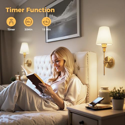 Image of DORESshop Battery Operated Wall Sconce Set of 2, Wall Light Wireless Easy to Install, Dimmable and Adjustable Sconces Wall Decor, Rechargeable Wall Lamp for Bedroom, Living Room, Gold 18.7in
