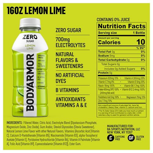 Image of BODYARMOR ZERO Sugar Lemon Lime Electrolyte Drink, Natural Flavors, 16 Fl Oz Bottles (6 Pack), B Vitamins & Antioxidants Sugar Free Hydration