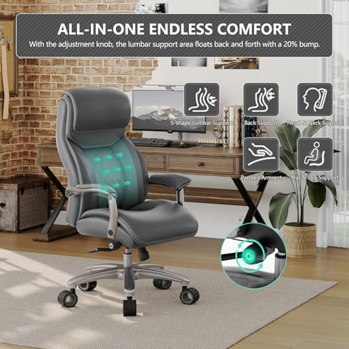 Image of Big and Tall Office Chair with Wide Area Armrest, 600lbs Heavy Duty Desk Chair with Adjustable Lumbar Support, PU Leather High Back Ergonomic Executive Computer Chair with 3'' Silent Casters