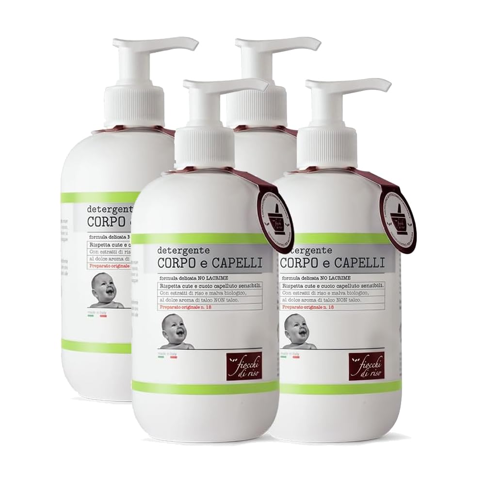 Fiocchi di Riso Detergente Corpo e Capelli Bimbi, Formula No Lacrime con Estratti di Riso e Malva Biologico, 4x400ml