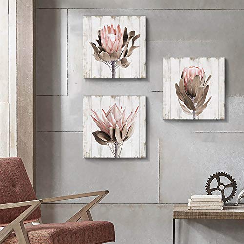 Utop-Art Pink Floral Picture Wall Art: Protea Flowers Artwork Print On Wooden Textured Background Canvas Art For Bathroom (16'' X 16'' X 3 Panels) #TOP1
