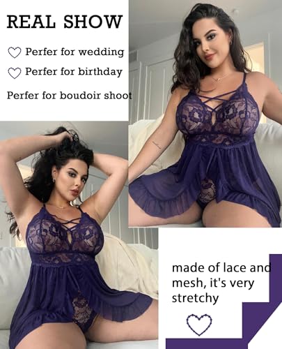 Image of SSoShHub Women's Plus Size Lingerie Beautiful Babydoll Snap Crotch Lace Chemise Ruffles Nightwear Bodysuit with Babydoll