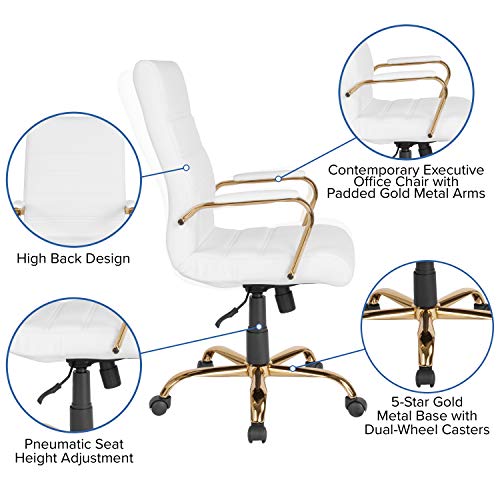 Emma + Oliver High Back White Leathersoft Executive Swivel Office Chair With Gold Frame/Arms #TOP4