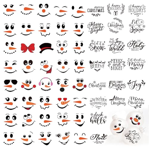 80pcs Snowman Face Stickers for Crafts Christmas Word Sticker Xmas Winter Holiday Decals Christmas Vinyl Stickers for Ornaments Window Glass Cups Balls Wood Wall Party Supplies Decoration(words80)